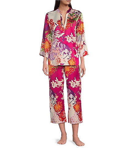 N by Natori Satin Floral Patchwork 3/4 Sleeve Split Round Neck Pajama Set