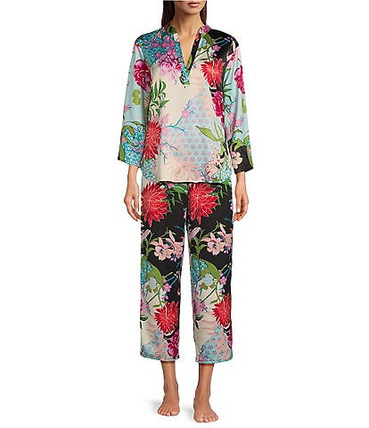 N by Natori Satin Floral Patchwork 3/4 Sleeve Split Round Neck Pajama Set