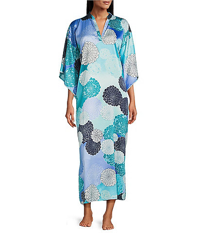 N by Natori Satin Floral Print 3/4 Sleeve Mandarin Collar Butterfly Caftan