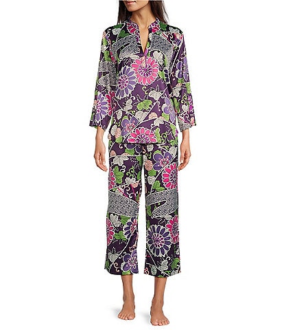 N by Natori Satin Floral Print 3/4 Sleeve Split V-Neck Cropped Pajama Set