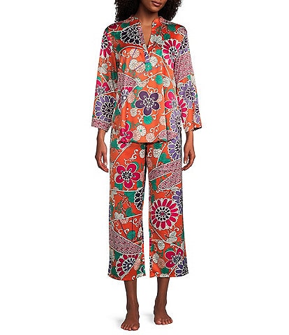 N by Natori Satin Floral Print 3/4 Sleeve Split V-Neck Cropped Pajama Set