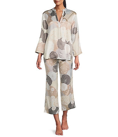 N by Natori Satin Floral Print Long Sleeve Mandarin Collar Pajama Set
