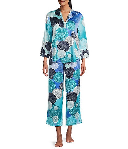 N by Natori Satin Floral Print Long Sleeve Mandarin Collar Pajama Set