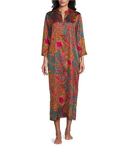 N by Natori Satin Kaleidoscope Printed 3/4 Sleeve Zip Front Caftan