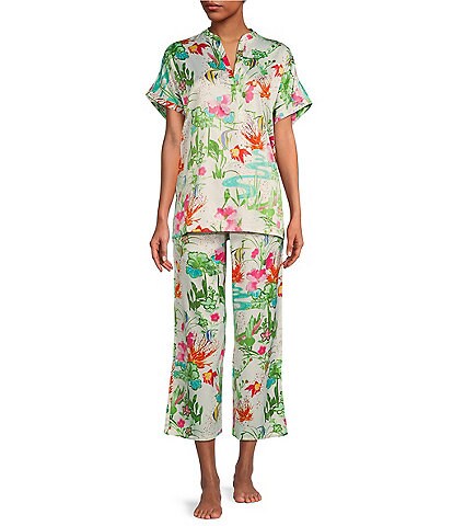 N by Natori Satin Lotus Pond Print Short Sleeve Mandarin Collar Pajama Set
