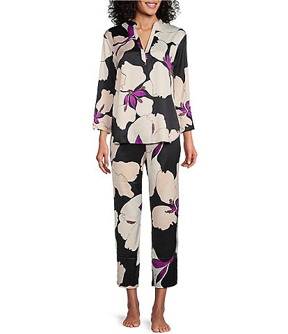N by Natori Satin Majestic Orchid Floral Print 3/4 Sleeve Split V-Neck Cropped Pajama Set