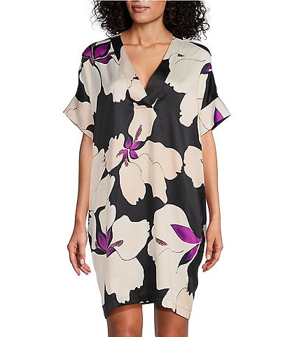 N by Natori Satin Majestic Orchid Floral Print Short Sleeve V-Neck Tunic Nightgown