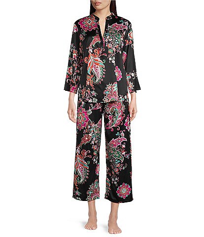 Women's Pink Palm Beach Paisley Silk Pajama Set with Stripe, S