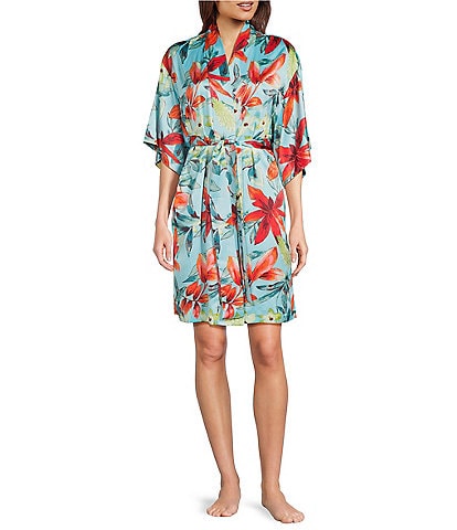 N by Natori Satin Tropical Breeze 3/4 Sleeve Belt Tie Coordinating Short Robe