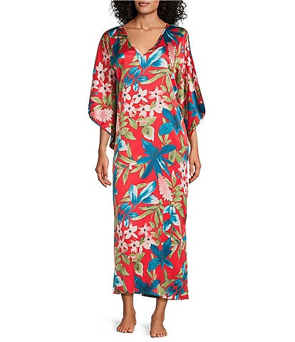 N by Natori Satin Tropical Breeze Print 3/4 Sleeve V-Neck Butterfly Caftan