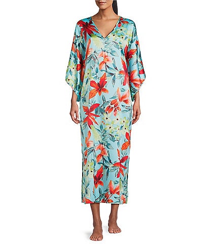 N by Natori Satin Tropical Breeze Print 3/4 Sleeve V-Neck Butterfly Caftan