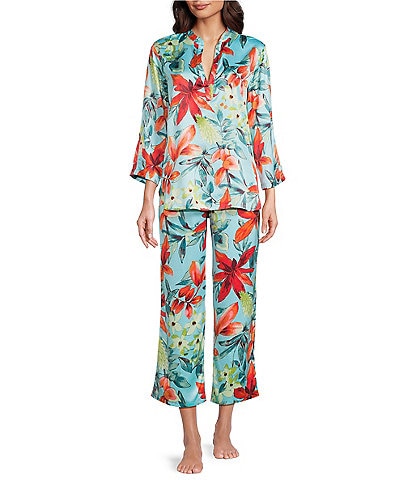 N by Natori Satin Tropical Breeze Print Long Sleeve Mandarin Collar Pajama Set