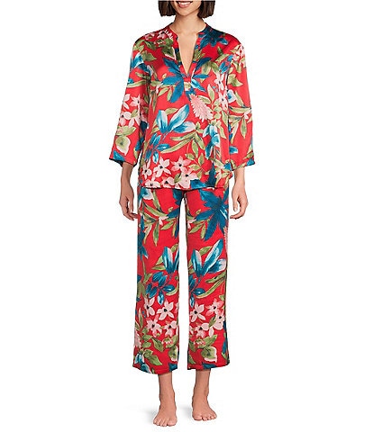 N by Natori Satin Tropical Breeze Print Long Sleeve Mandarin Collar Pajama Set