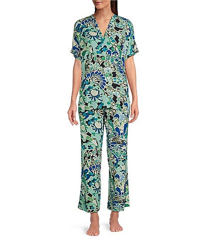 N By Natori Short Sleeve Mandarin Collar Woven Challis Fan Print Pajama Set