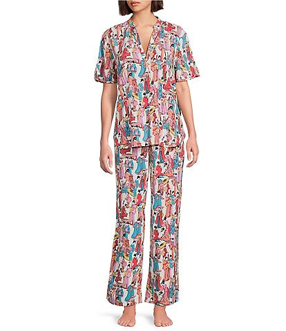 N By Natori Short Sleeve Mandarin Collar Woven Challis Printed Pajama Set