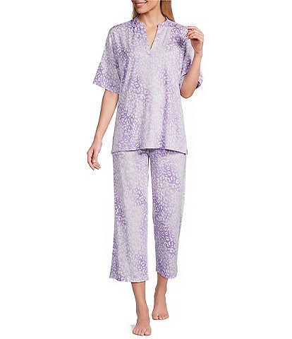 N by Natori Short Sleeve Split Round Neck Cozy Knit Leopard Pajama Set