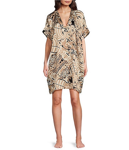 N By Natori Short Sleeve V-Neck Short Satin Kaleidoscope Print Nightshirt