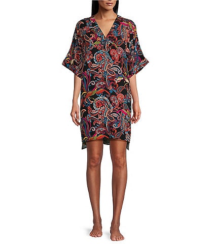 N By Natori Short Sleeve V-Neck Woven Challis Printed Nightshirt