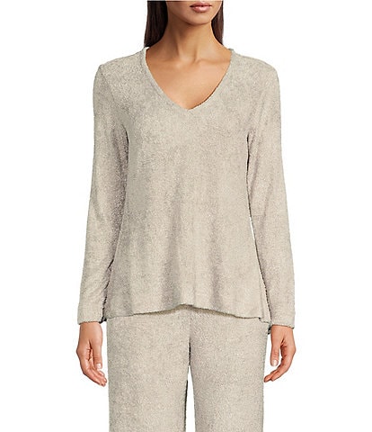 N By Natori Unwind Feathered-Chenille V-Neck High-Low Hem Long Sleeve Coordinating Lounge Top