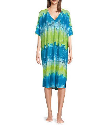N by Natori Woven Abstract Print 3/4 Sleeve V-Neck Caftan