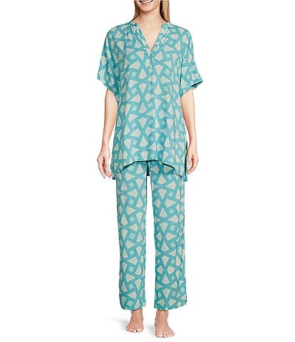 N by Natori Woven Short Sleeve Mandarin Collar Coordinating Geometric Pajama Set