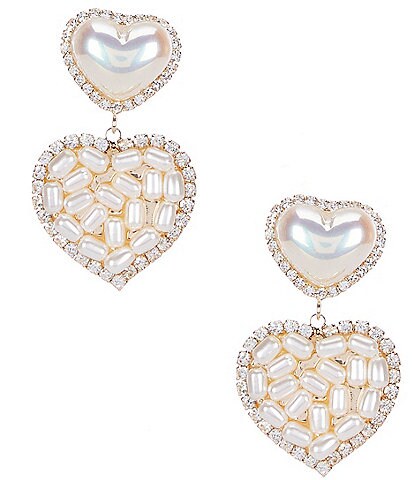 Natasha Accessories Two Heart Pearl Crystal Drop Earrings
