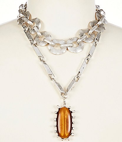 Natasha Accessories 2 Row Metal Stone Drop Statement Necklace
