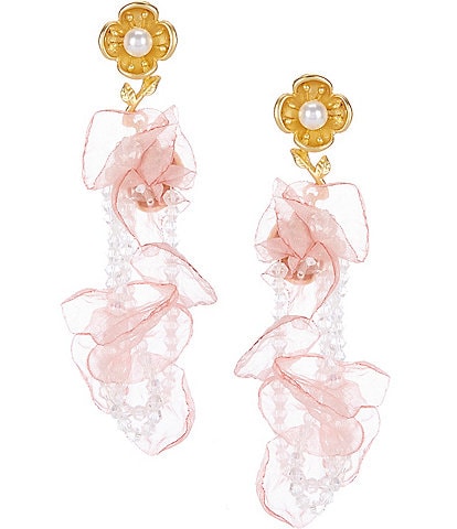 Natasha Accessories Fabric Flower Pearl Bead Drop Statement Earrings