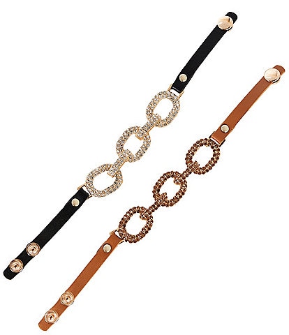 Natasha Accessories Leather, Metal & Crystal Link Adjustable Bracelet Set