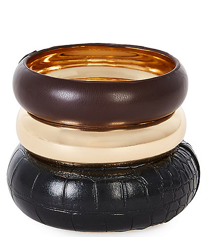 Natasha Accessories Leather Metal Bangle Bracelet Set