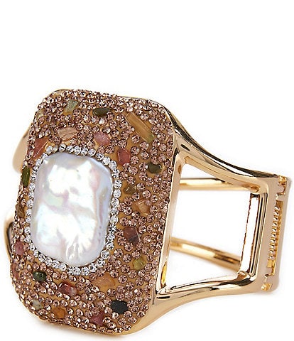 Natasha Accessories Pearl Square Caviar Bead Statement Cuff Bracelet