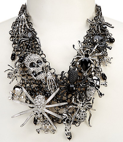 Natasha Accessories Spider and Skull Rhinestone Statement Necklace