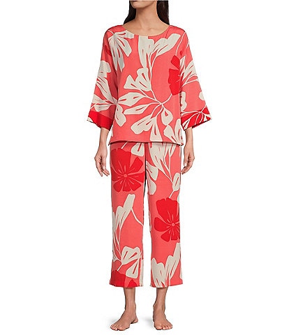 Natori 3/4 Sleeve Round Neck Satin Palm Print Coordinating Pajama Set