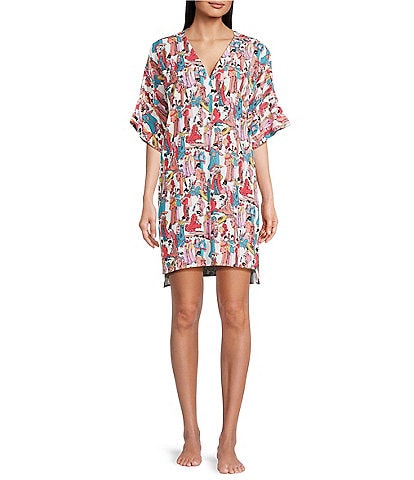 Natori Allover Printed Short Sleeve V-Neck Woven Challis Nightshirt