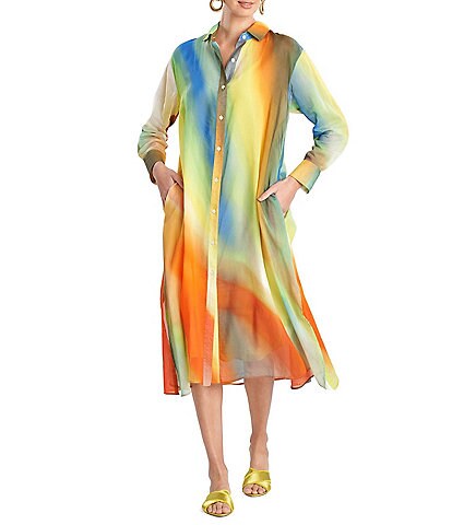 NATORI Boracay Rainbow Ombre Print Cotton Silk Blend Point Collar Midi Shirt Dress