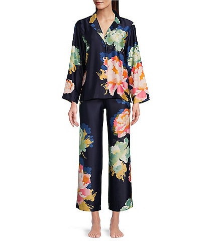 Natori Hanami Floral Print Notch Collar Long Sleeve Satin Pajama Set