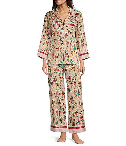 Natori Long Sleeve Notch Collar and Coordinating Pant Tea Garden Printed Pajama Set
