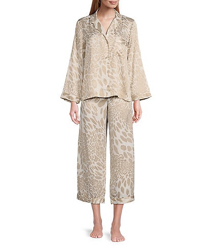 Natori Luxe Satin Leopard Print Notch Collar Long Sleeve Pajama Set