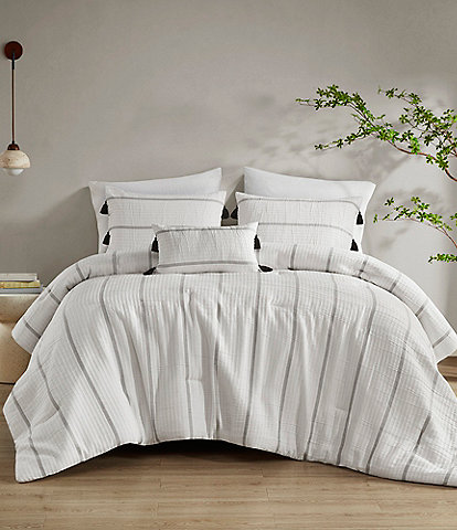 Natori Naru Modern Stripe Textured & Tassels Reversible Comforter Set