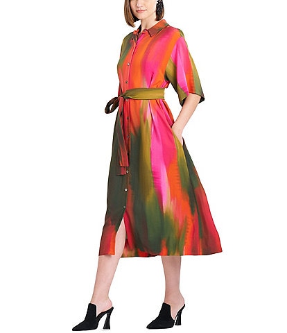 Natori Ombre Print Crepe Belted Button-Front Midi Shirt Dress