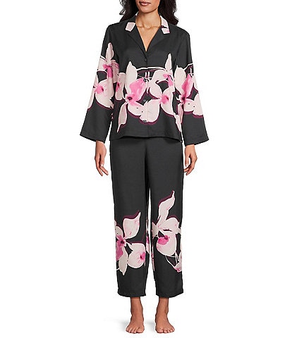 Natori Orchida Long Sleeve Notch Collar Long Satin Floral Print Pajama Set