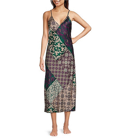 Natori Satin Allover Patchwork Printed Sleeveless V-Neck Nightgown