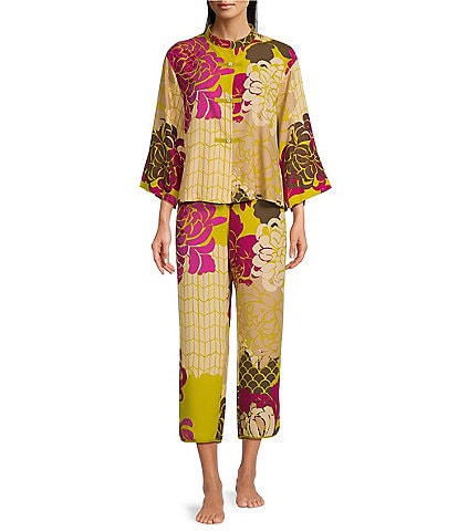 Natori Satin Allover Printed Long Sleeve Mandarin Collar Coordinating Pajama Set