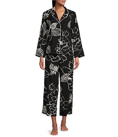 Natori Satin Floral Print Long Sleeve Notch Collar Sleep Shirt & Matching Pant Pajama Set