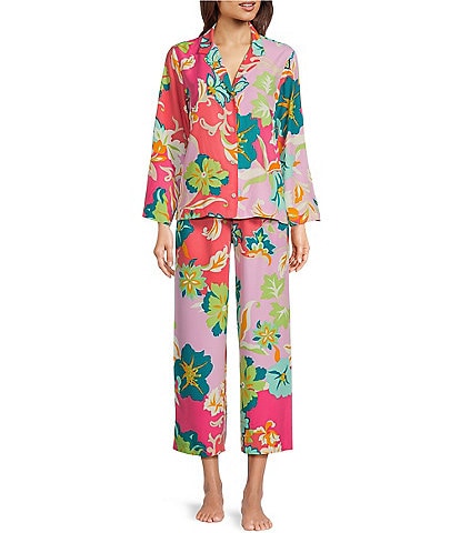 Natori Satin Multi Floral Print Long Sleeve Notch Collar Sleep Shirt & Matching Pant Pajama Set
