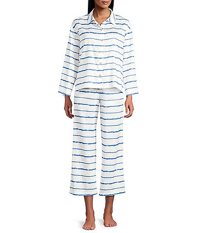 Natori Shibori Tie-Dye Long Sleeve Notch Collar Woven Cropped Pajama Set