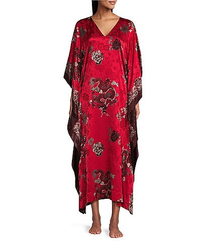 Natori Short Sleeve V-Neck Satin Dragon Print Caftan