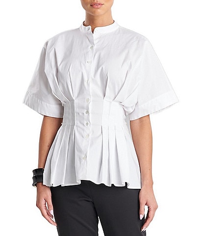 Natori Solid Cotton Poplin Stand Collar Short Sleeve Peplum Pleated Empire Waist Shirt