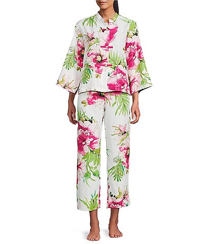Natori Sonomi Long Sleeve Mandarin Collar Satin Floral Print Pajama Set