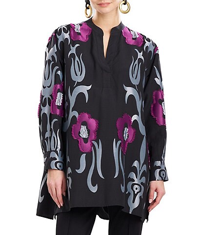 Natori Suzani Jacquard Graphic Floral Print Split V-Neck Long Sleeve Side Slit Tunic